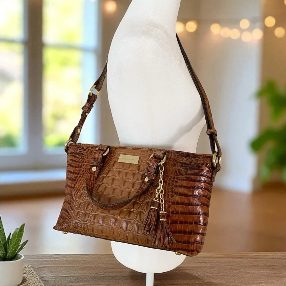 Brahmin Mini Asher Satchel Almond Melbourne Leather Croc Embossed Shoulder Bag - Picture 3 of 10